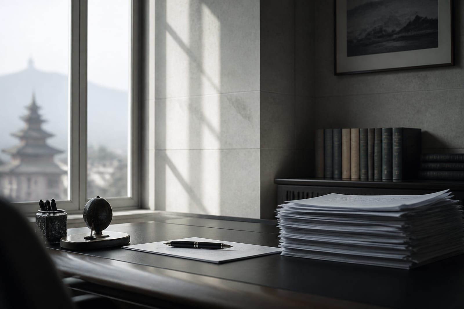 Quiet office light across papers and a writing desk
